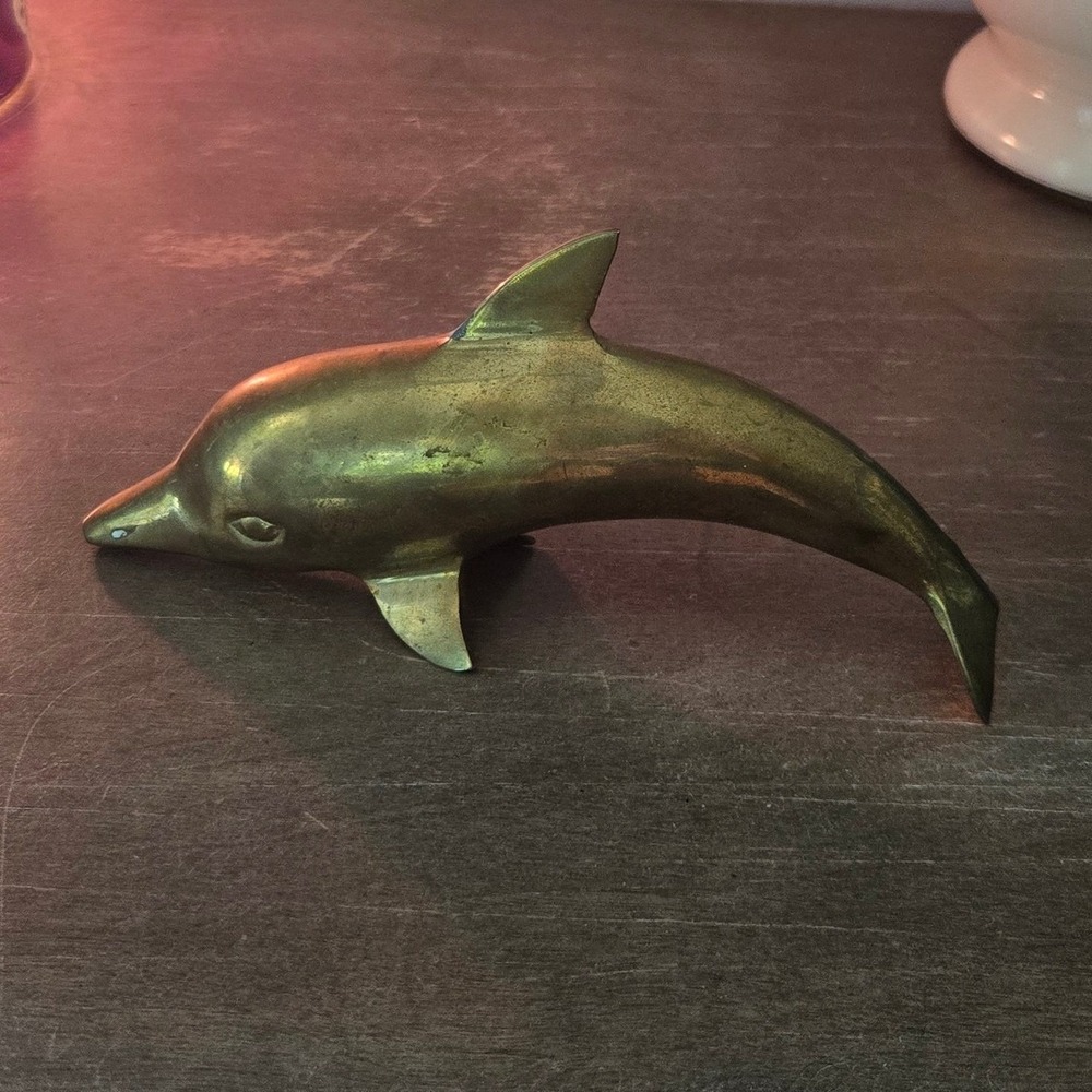 Vintage Solid Brass Dolphin Figurine Coastal Nautical Beach Decor Paperweight